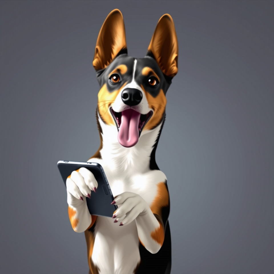 Catuma Basenji tricolour dog playing promotional games on a phone.